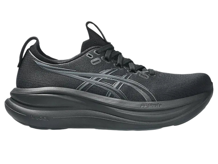 Black running shoe with visible brand logo on a white background
