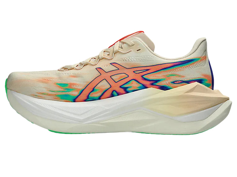Beige running shoe with colorful design on a white background