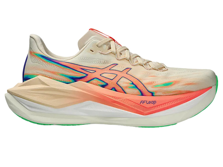 Beige and orange running shoe with colorful accents on a white background