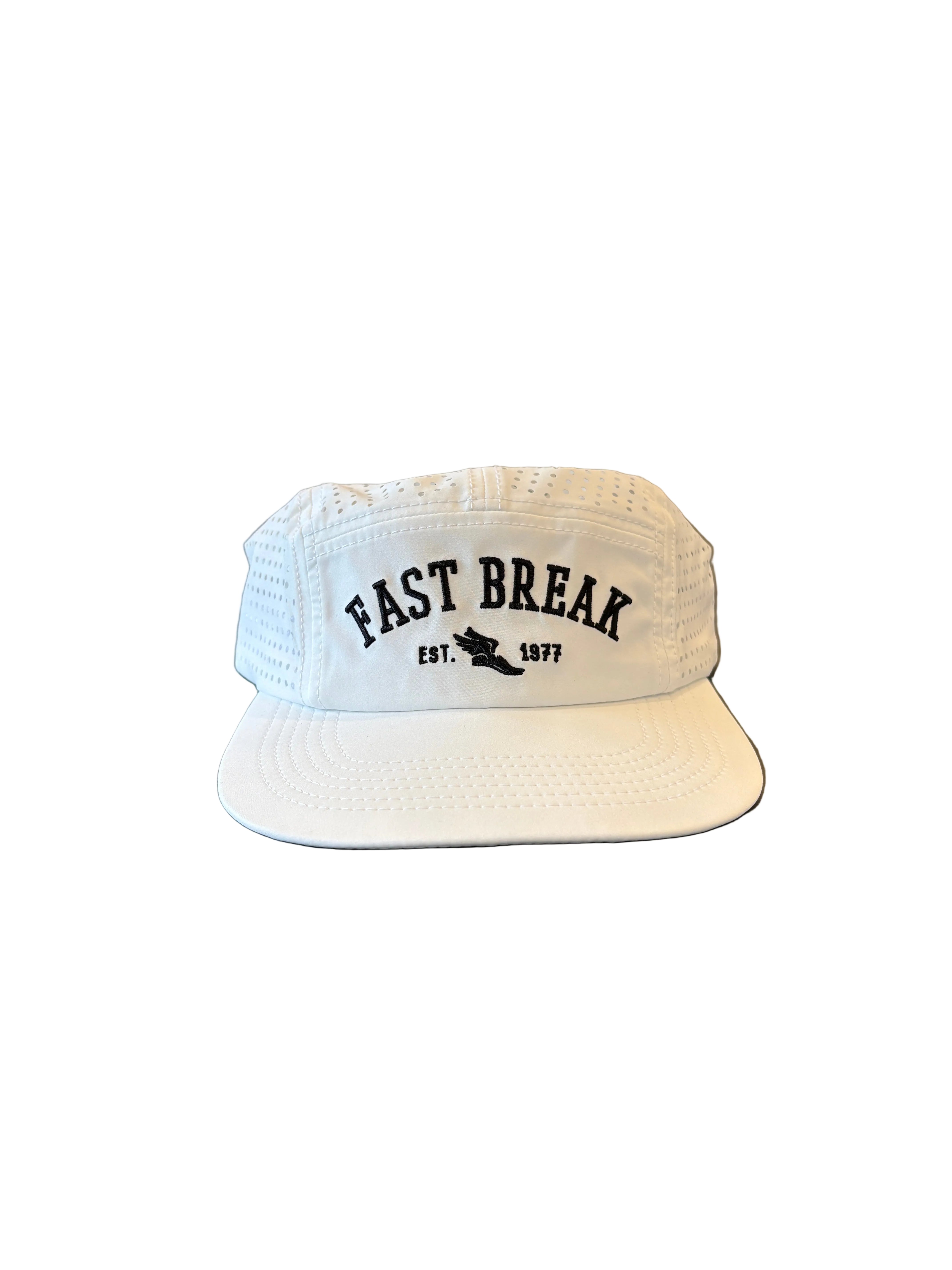 A white mesh hat with 'FAST BREAK EST. 1871' printed in black on the front.