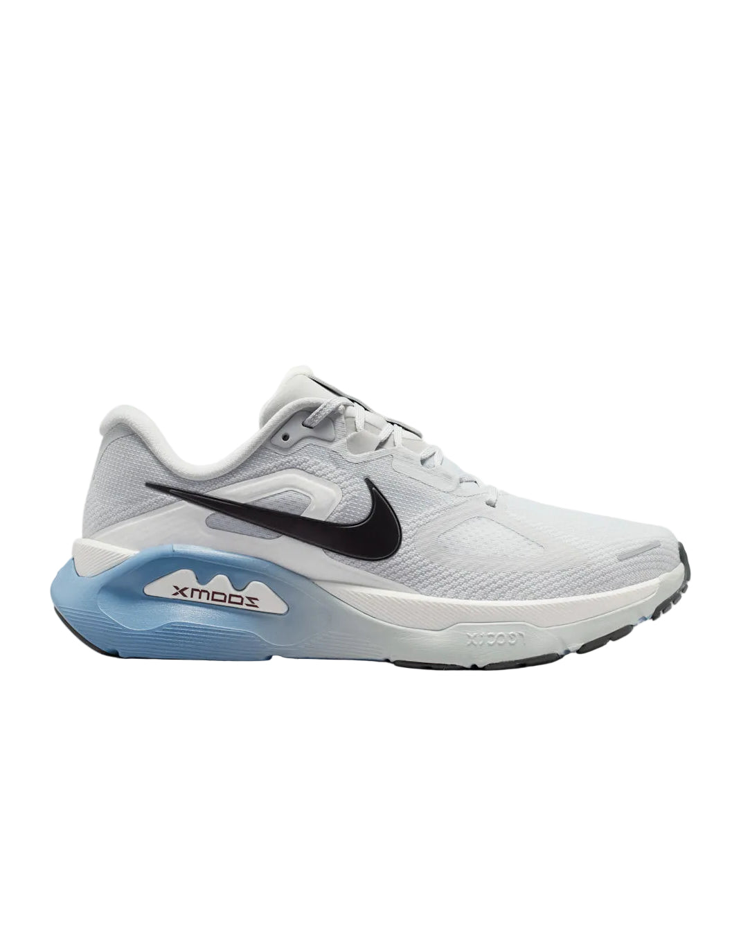 A Nike running shoe in white and light gray with a black Swoosh logo and a light blue ZoomX midsole accent, shown from a side profile on a light gray background.