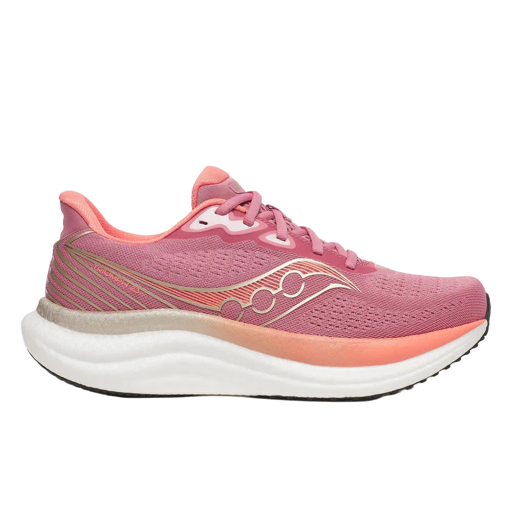 Pink running shoe with white sole on a white background