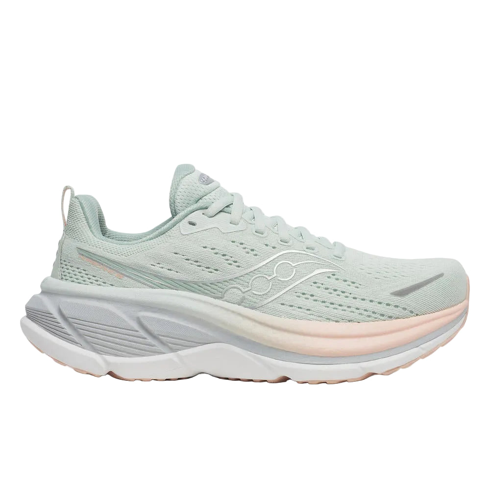 Light blue running shoe with white sole on a white background
