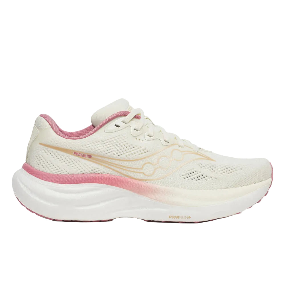 White and pink running shoe on a white background