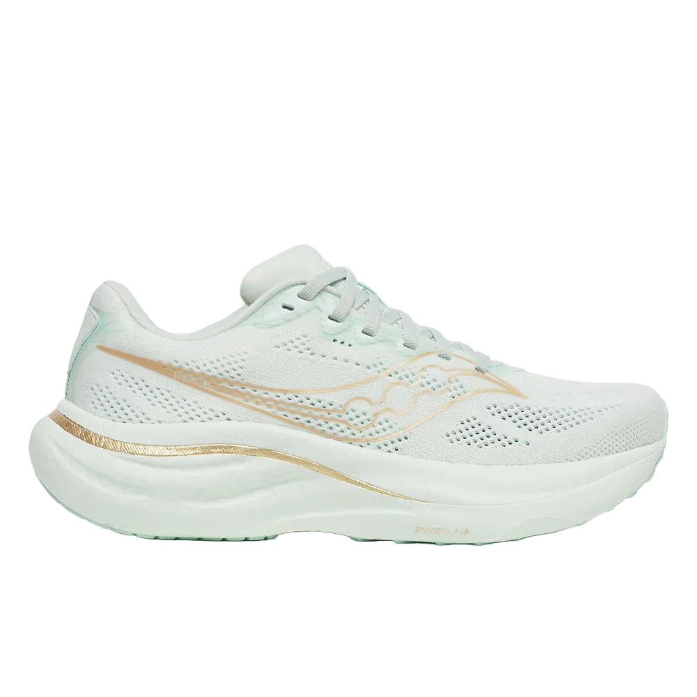 Light blue running shoe with gold accents on a white background