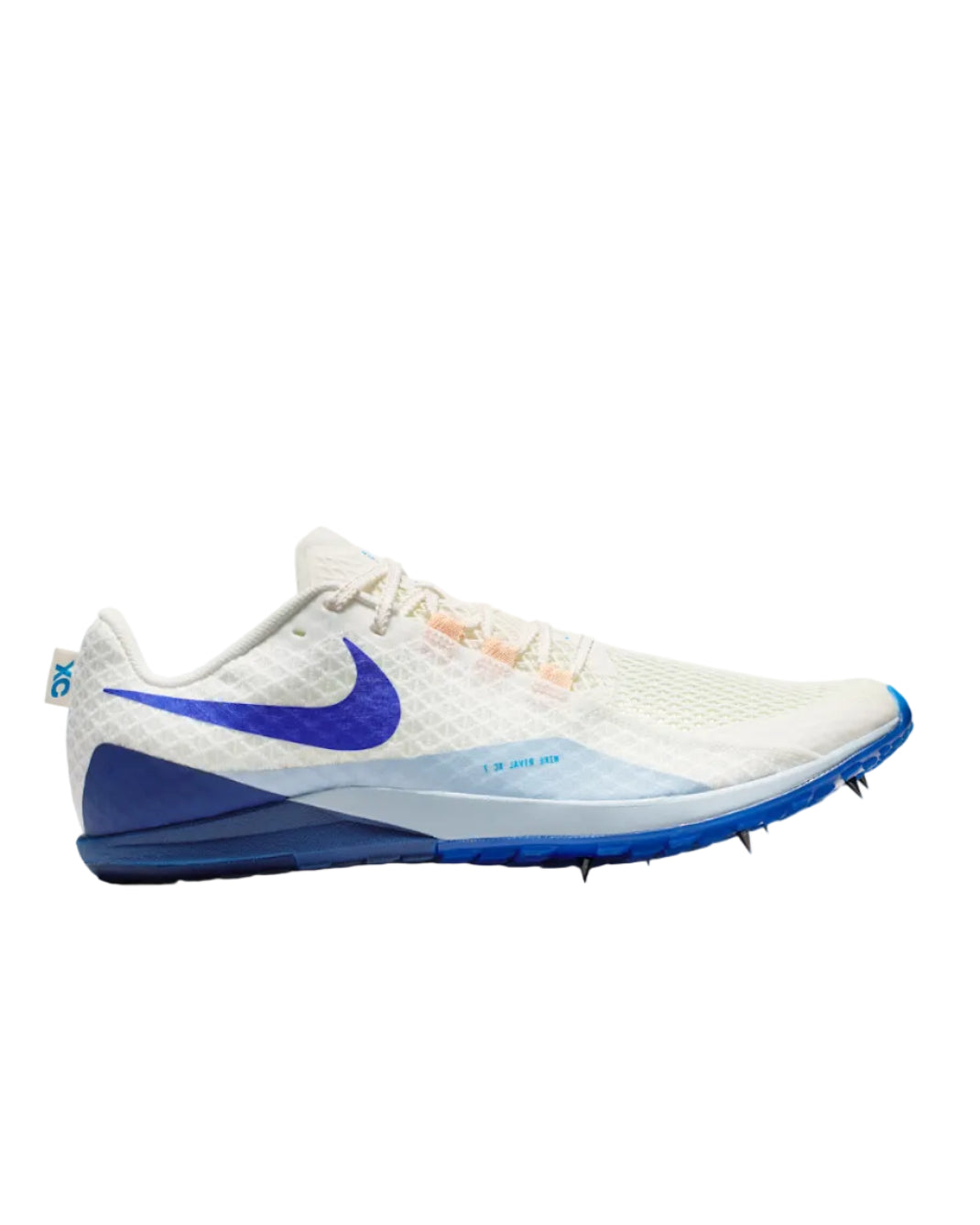 White and blue running shoe with spikes on a white background
