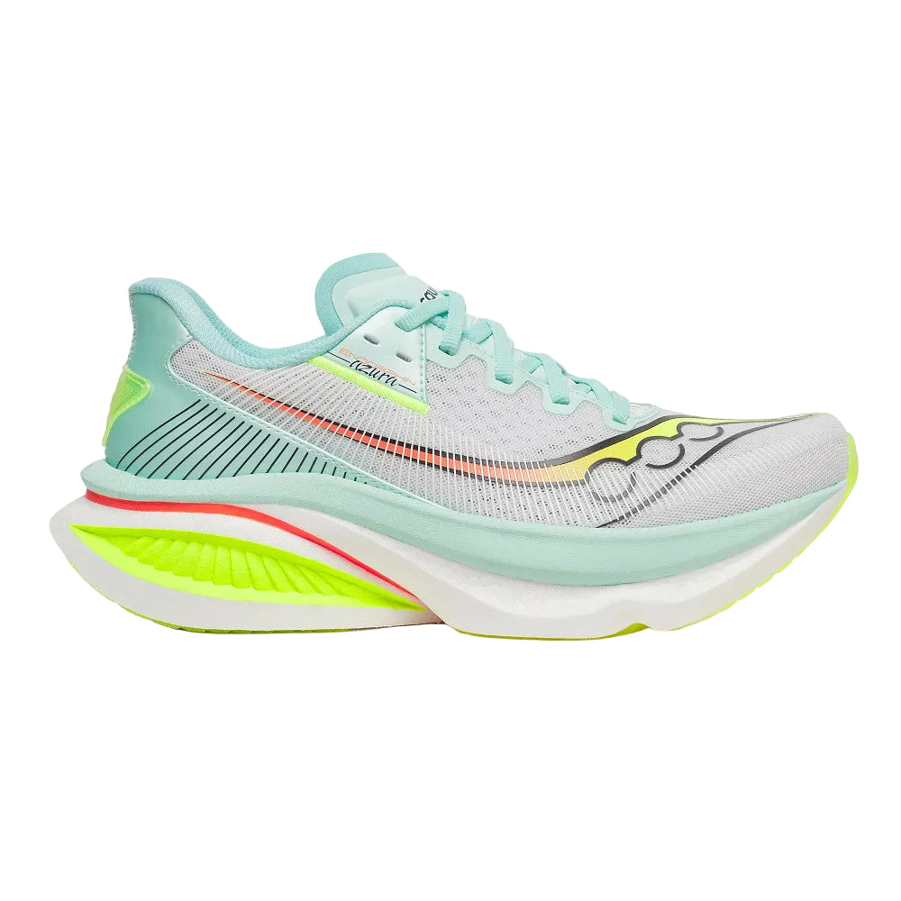 Light blue running shoe with white sole on a white background